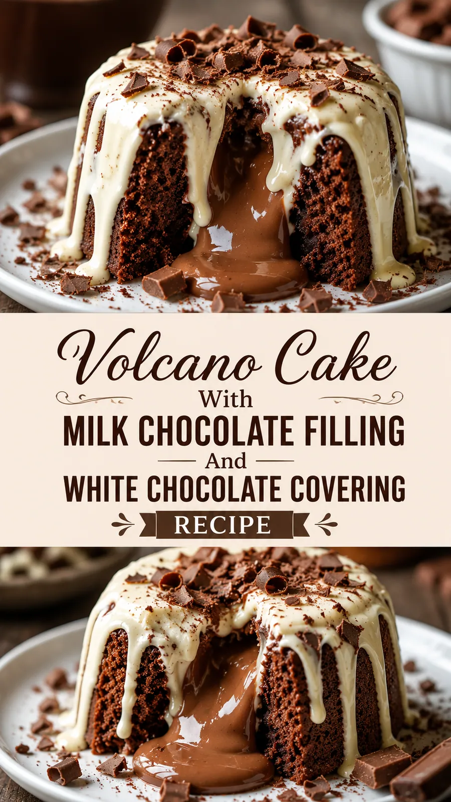 Pinterest image for Volcano Cake With Milk Chocolate Filling And White Chocolate Covering Recipe, with two photos of the recipe