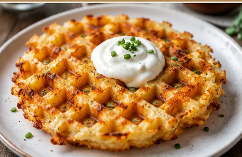 Waffle Iron Hash Browns, ready to serve