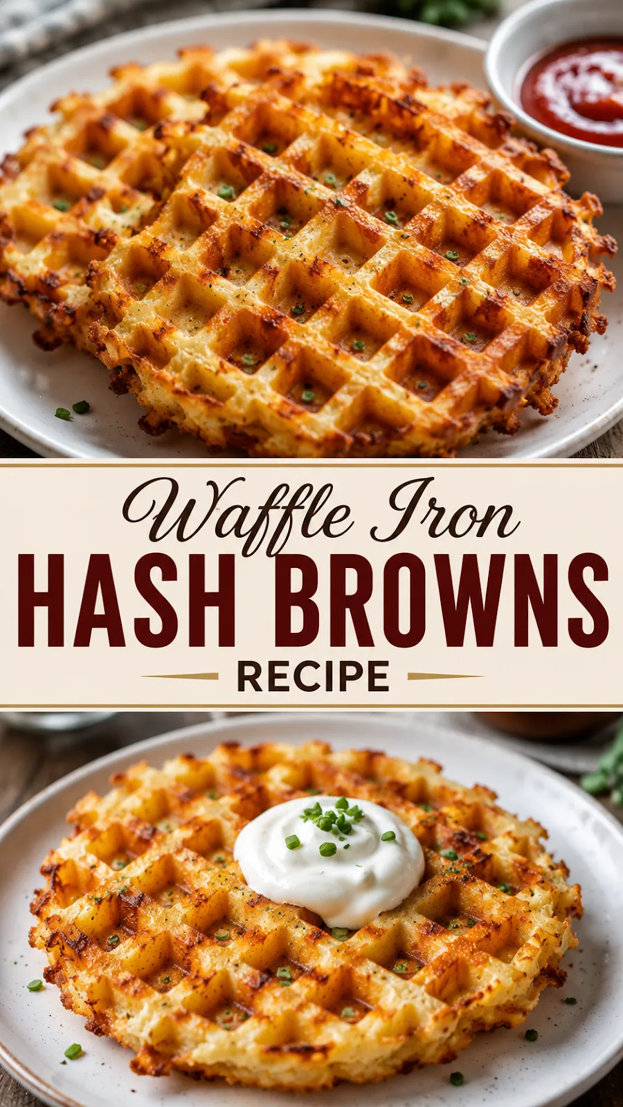 Pinterest image for Waffle Iron Hash Browns Recipe, with two photos of the recipe