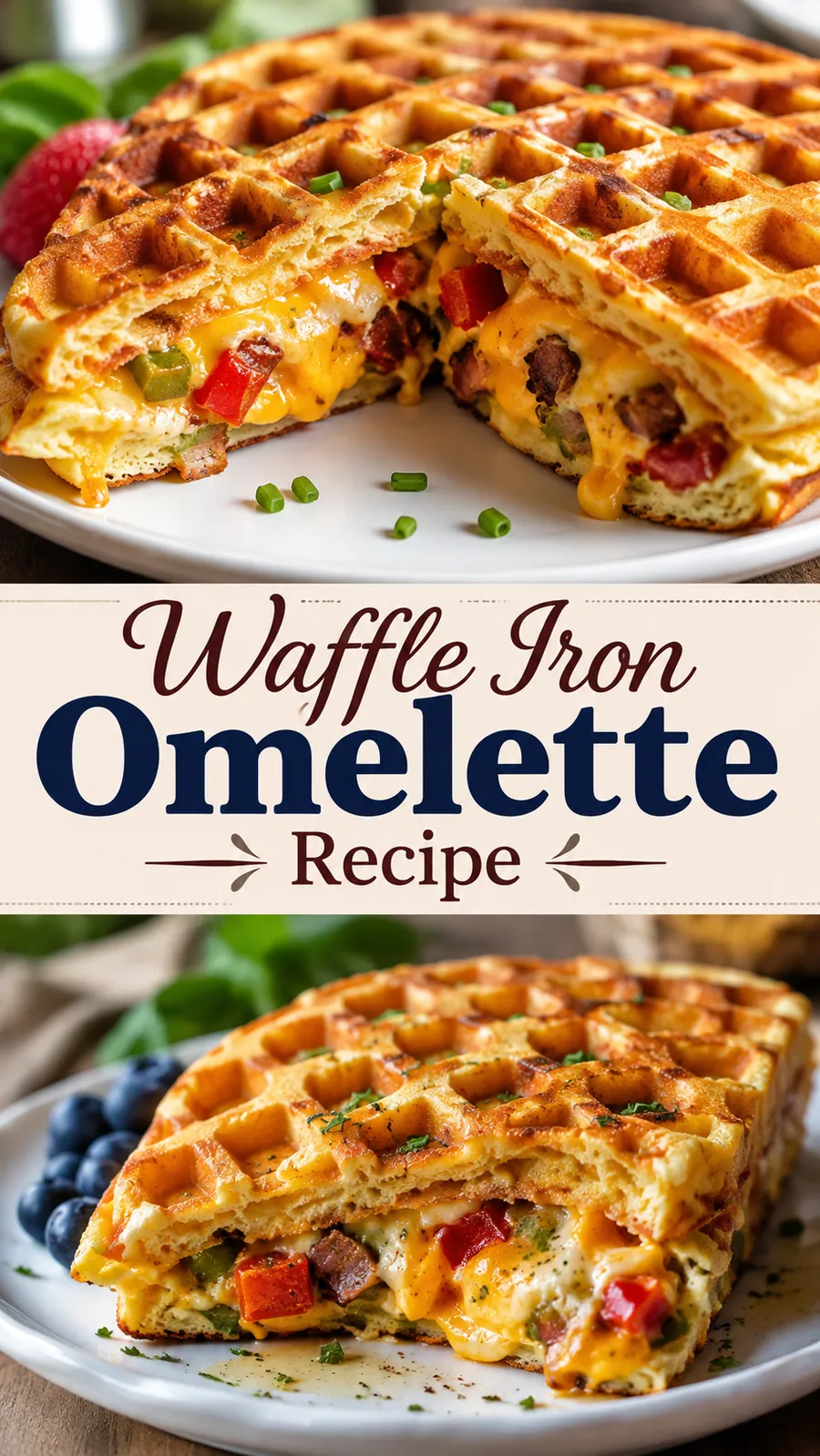 Pinterest image for Waffle Iron Omelette Recipe, with two photos of the recipe