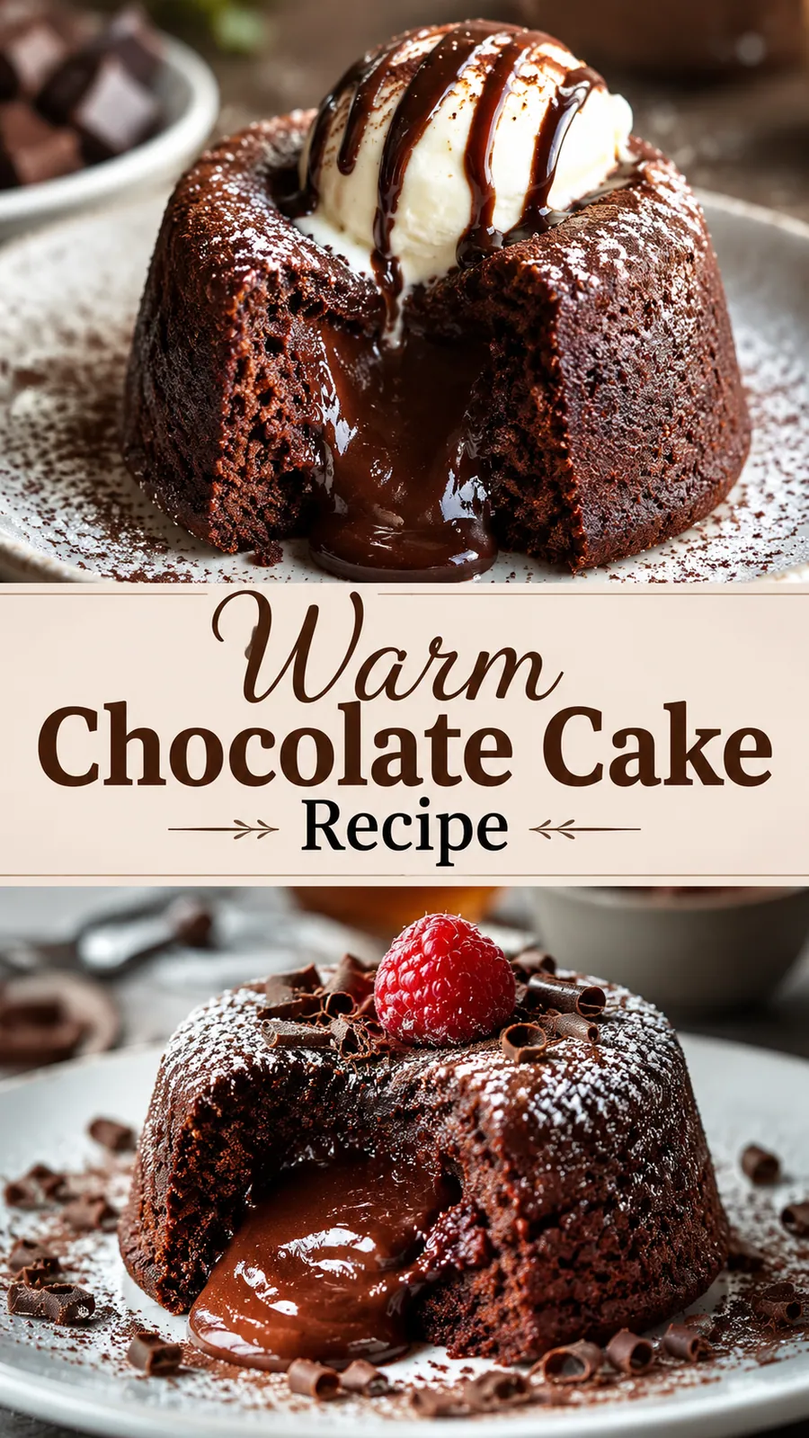 Pinterest image for Warm Chocolate Cake Recipe, with two photos of the recipe