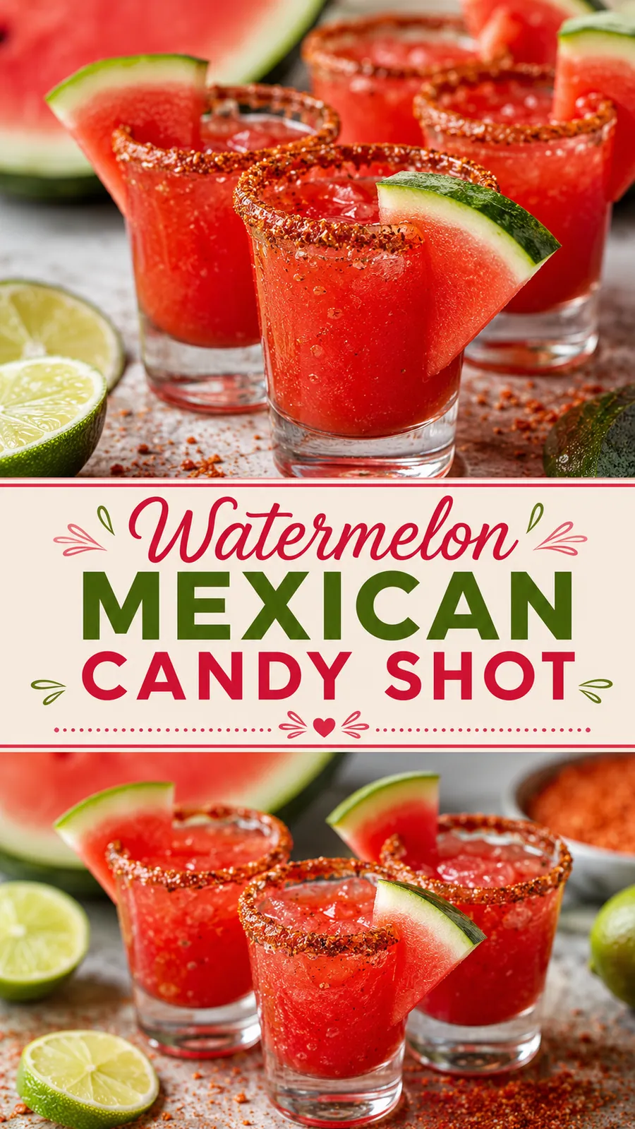 Pinterest image for Watermelon Mexican Candy Shot, with two photos of the recipe