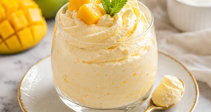 Whipped Mango Greek Yogurt Mousse, ready to serve