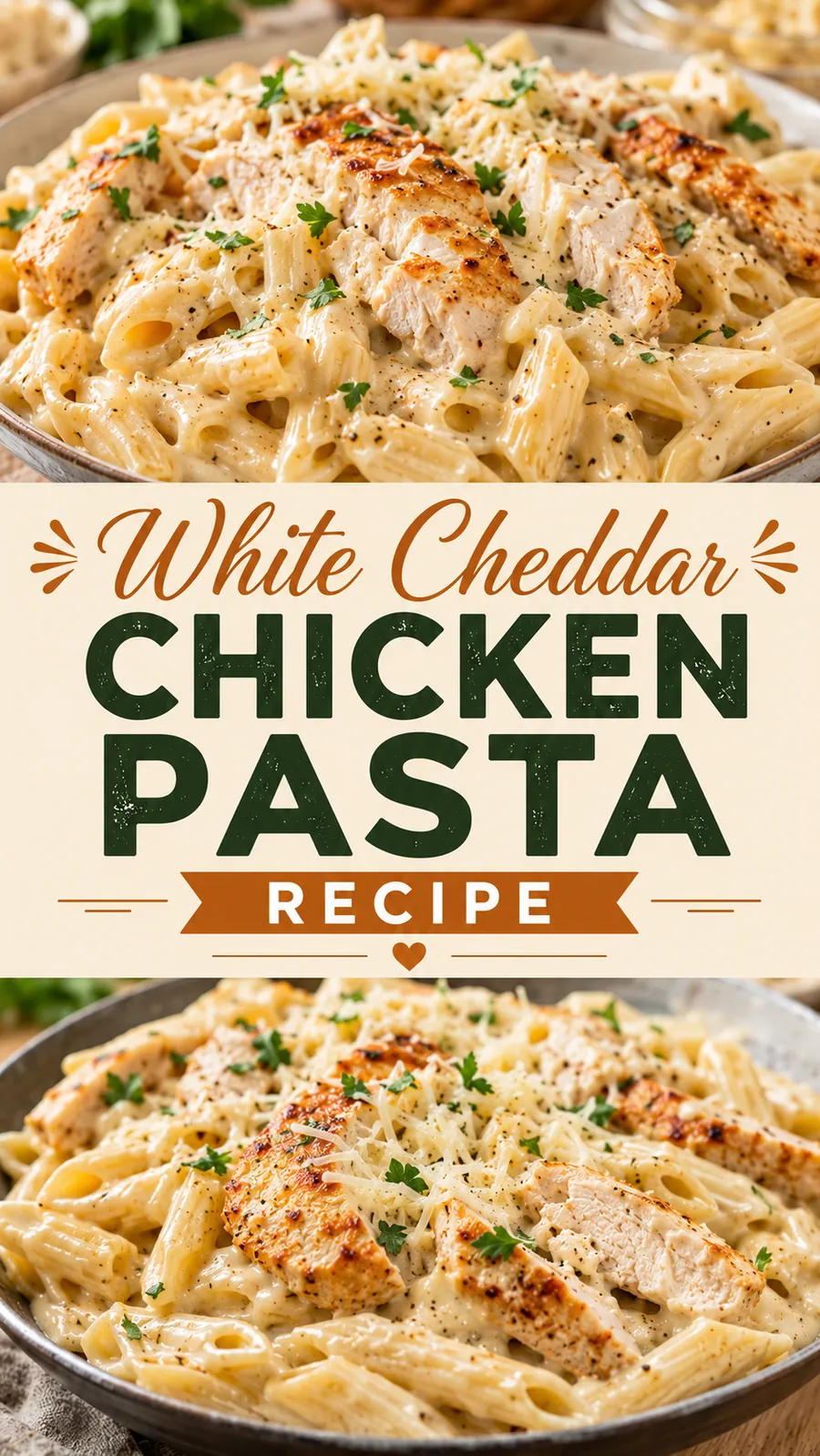 Pinterest image for White Cheddar Chicken Pasta Recipe, with two photos of the recipe