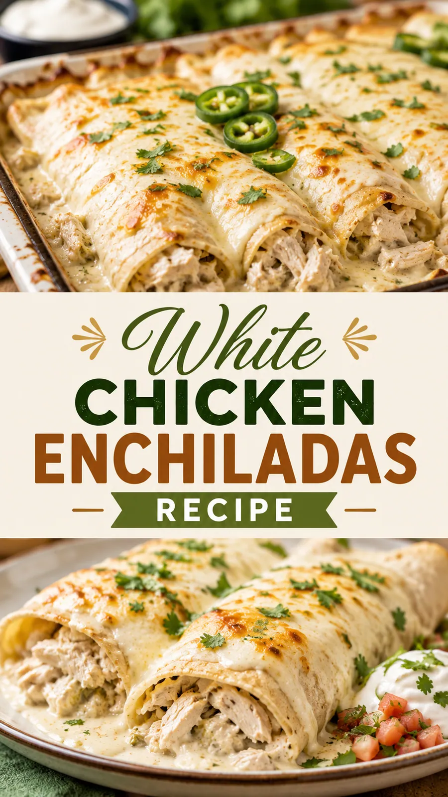 Pinterest image for White Chicken Enchiladas Recipe, with two photos of the recipe