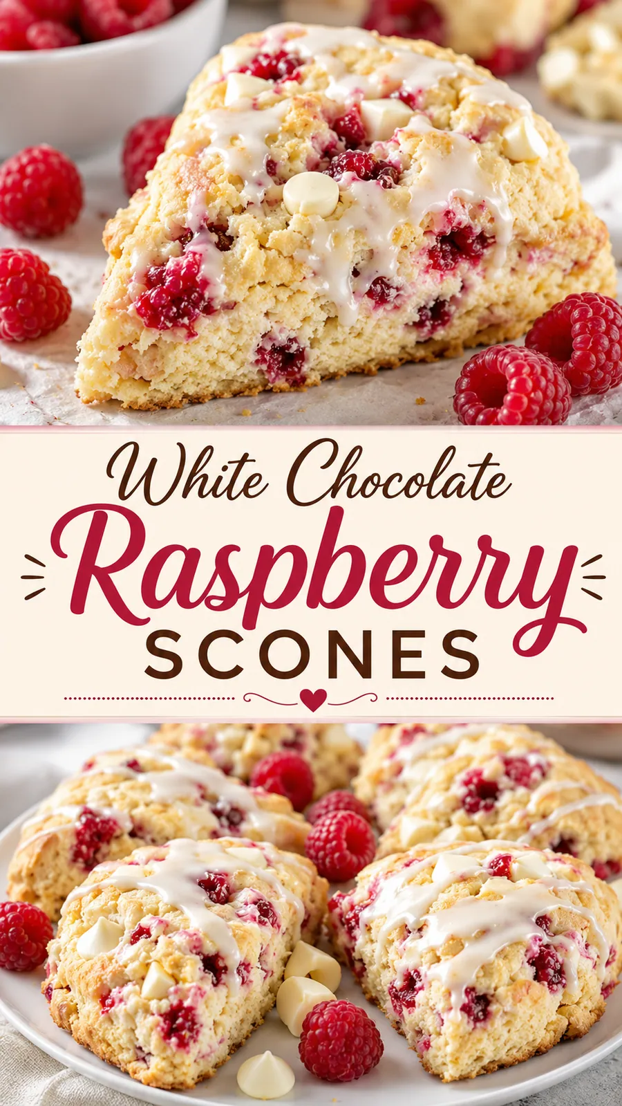 Pinterest image for White Chocolate Raspberry Scones, with two photos of the recipe