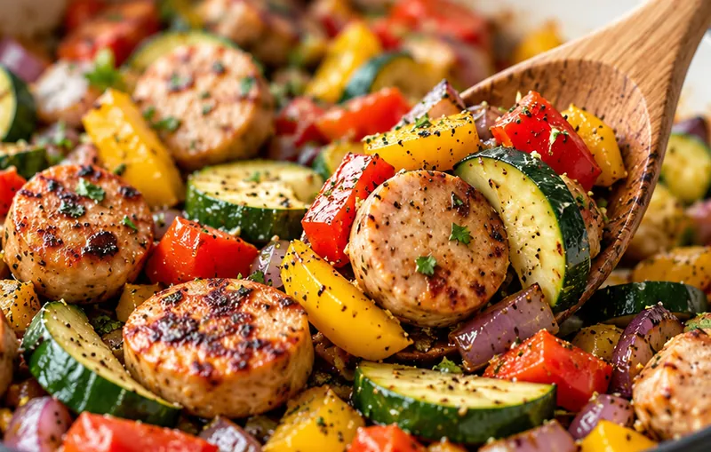 Whole30 Chicken Sausage and Veggie Skillet, ready to serve