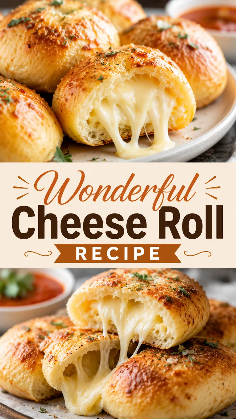 Pinterest image for Wonderful Cheese Roll Recipe, with two photos of the recipe