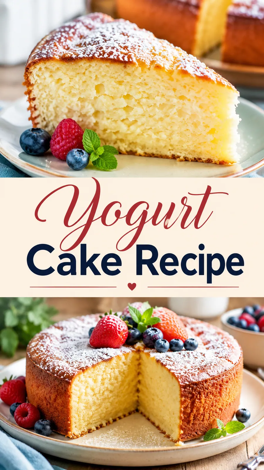 Pinterest image for Yogurt Cake Recipe, with two photos of the recipe