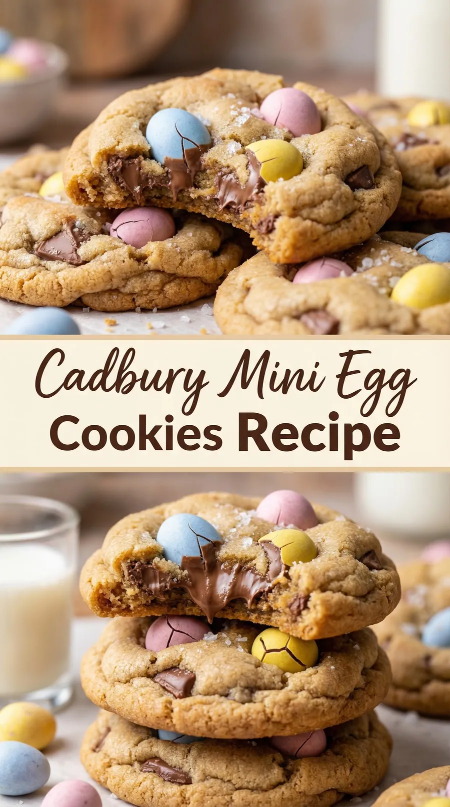 Pinterest image for Yummy Cadbury Mini Egg Cookies Recipe, with two photos of the recipe
